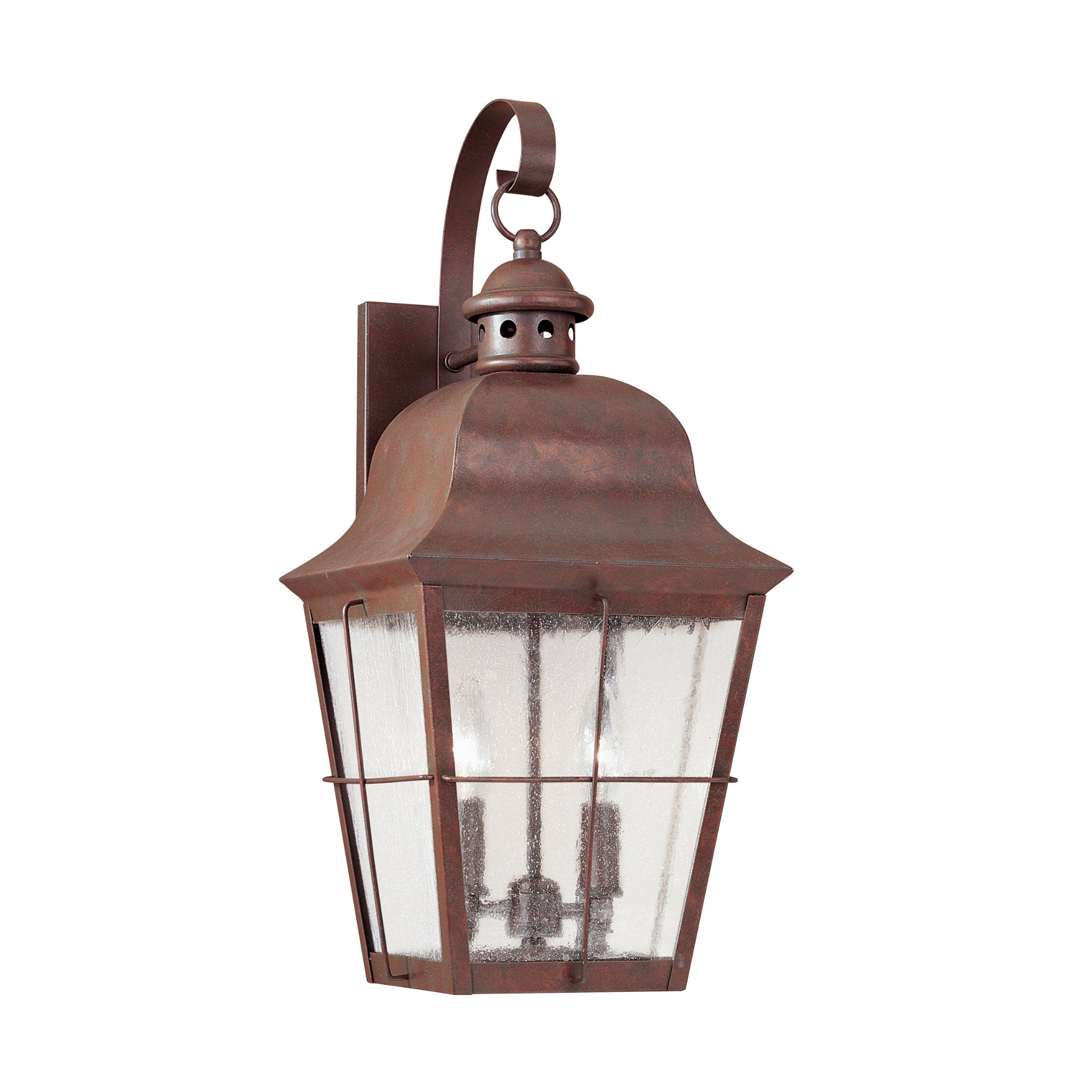 Chatham Two Light Outdoor Wall Lantern Traditional Fixture 9.25" Width 21" Height Brass Clear Seeded Shade in Weathered Copper