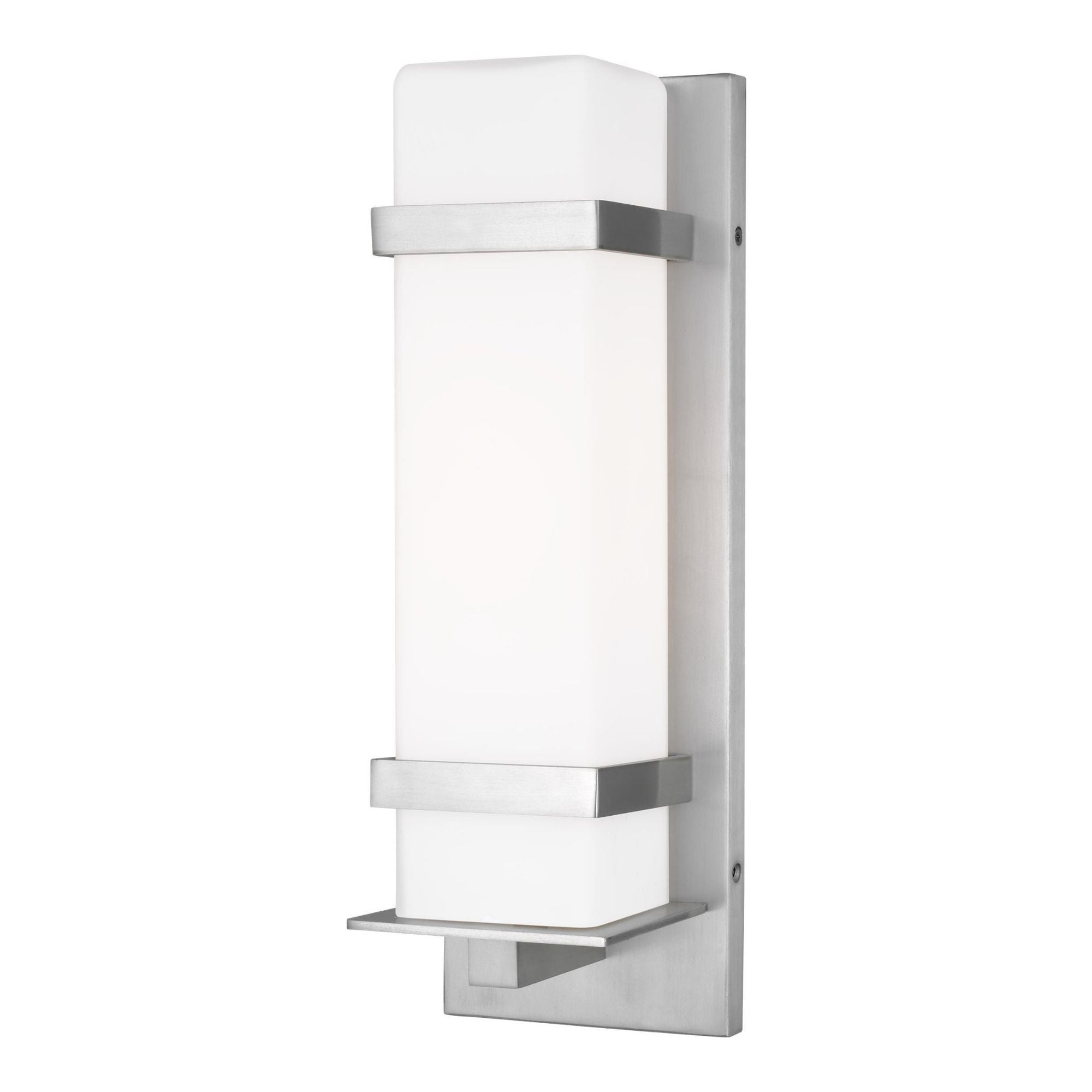 Alban Medium One Light Outdoor Wall Lantern LED Modern Fixture 6" Width 18" Height Aluminum Square Etched Opal Shade in Satin