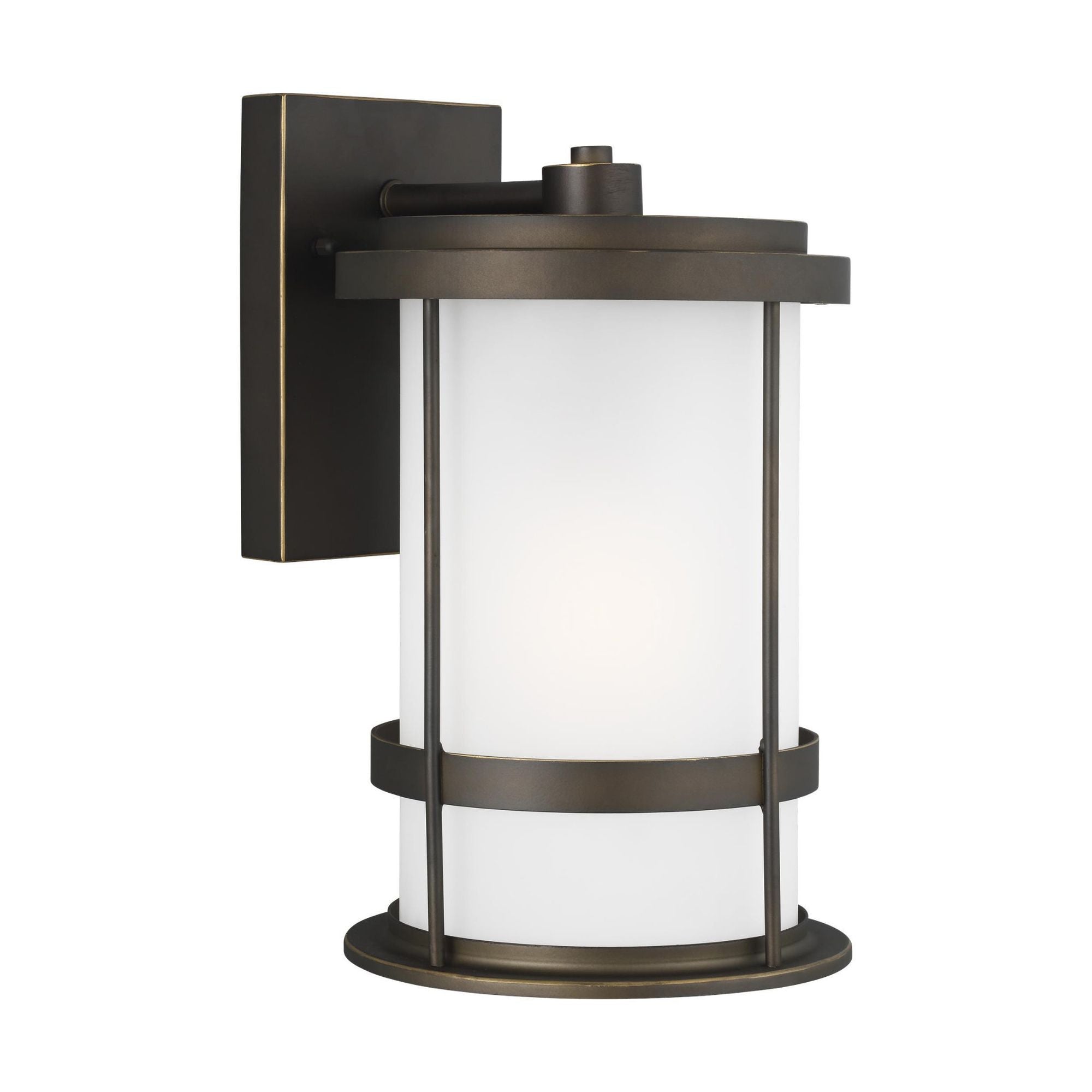 Wilburn Medium One Light Outdoor Wall Lantern LED Transitional Fixture 8" Width 13.5" Height Aluminum Round Satin Etched Shade in Antique Bronze
