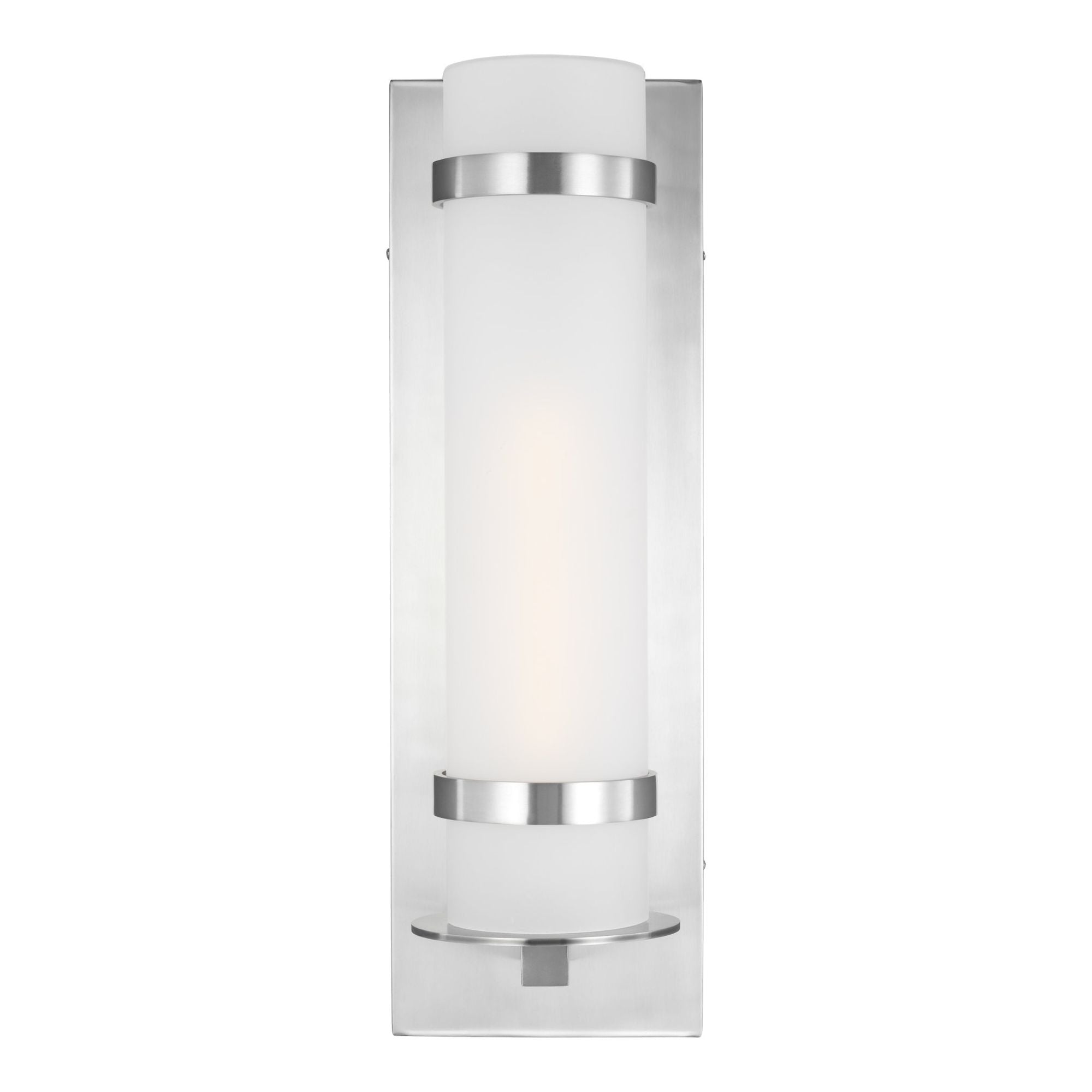 Alban Large One Light Outdoor Wall Lantern LED Modern Fixture 8" Width 24.625" Height Aluminum Round Etched Opal Shade in Satin