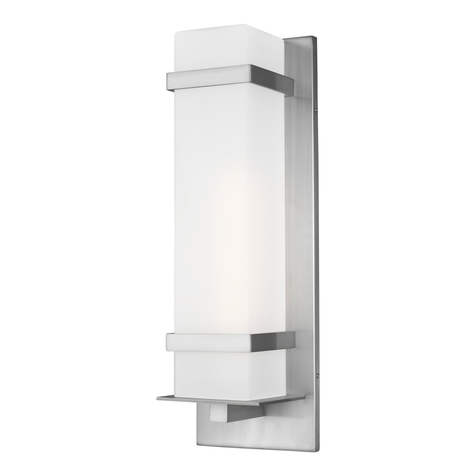 Alban Large One Light Outdoor Wall Lantern LED Modern Fixture 8" Width 24.625" Height Aluminum Square Etched Opal Shade in Satin