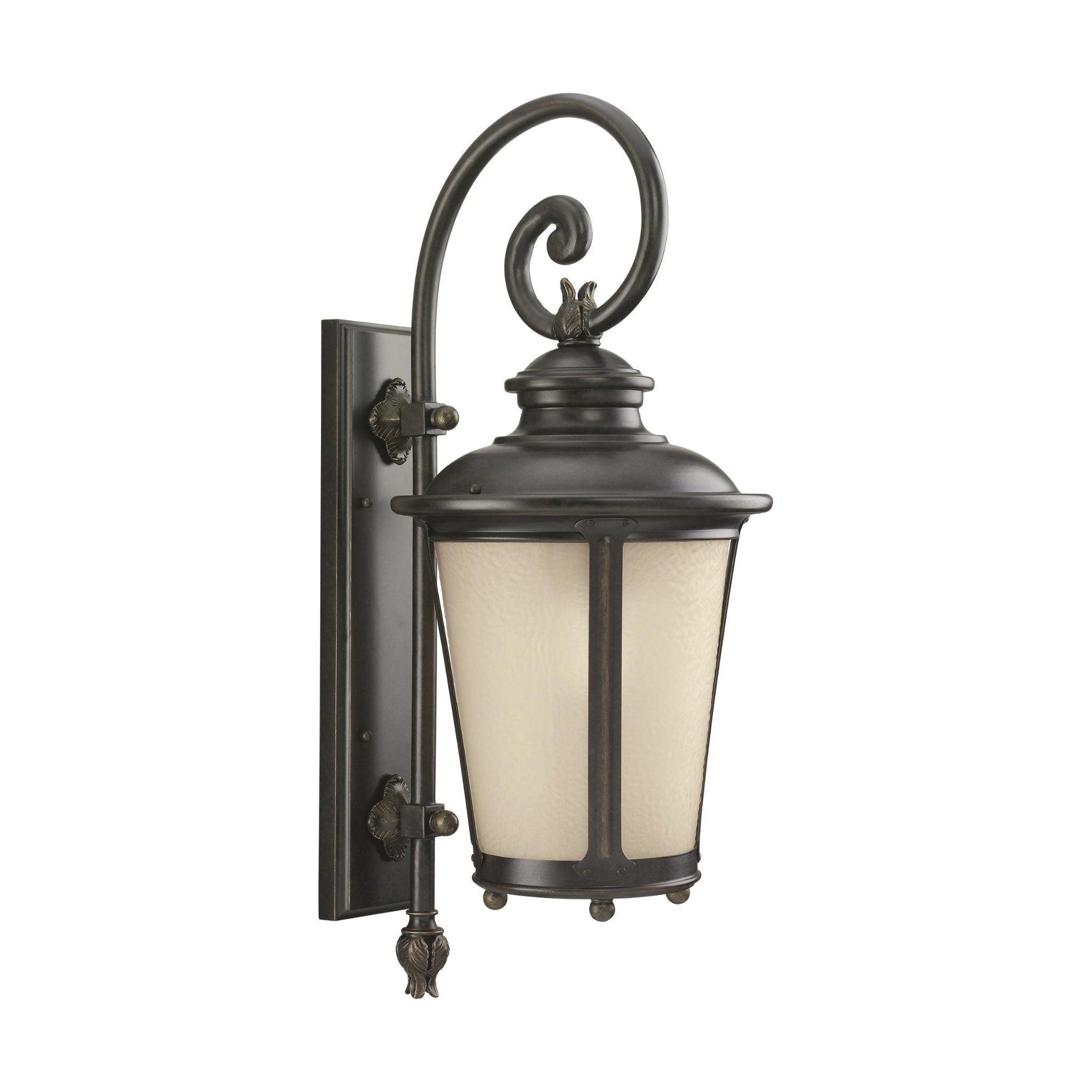 Cape May Large One Light Outdoor Wall Lantern Traditional Fixture 11" Width 26.25" Height Aluminum Round Etched Hammered with Amber Shade in Burled Iron