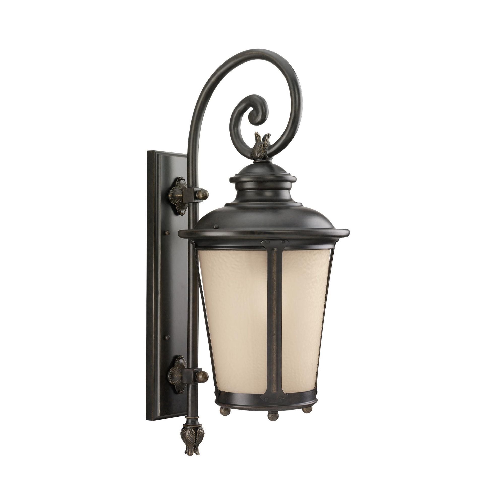 Cape May Large One Light Outdoor Wall Lantern LED Traditional Fixture 11" Width 26.25" Height Aluminum Round Etched Hammered with Amber Shade in Burled Iron