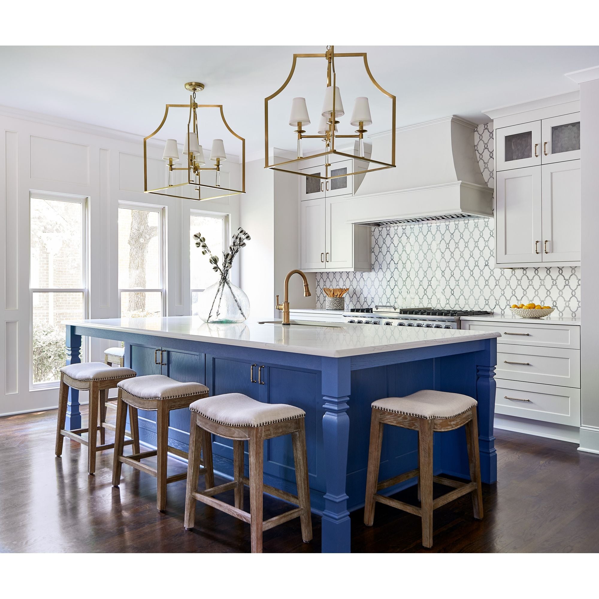 Baxter 4 Light Aged Brass Lantern Chandelier Silk Shade 22"W x 30"H x 22"D