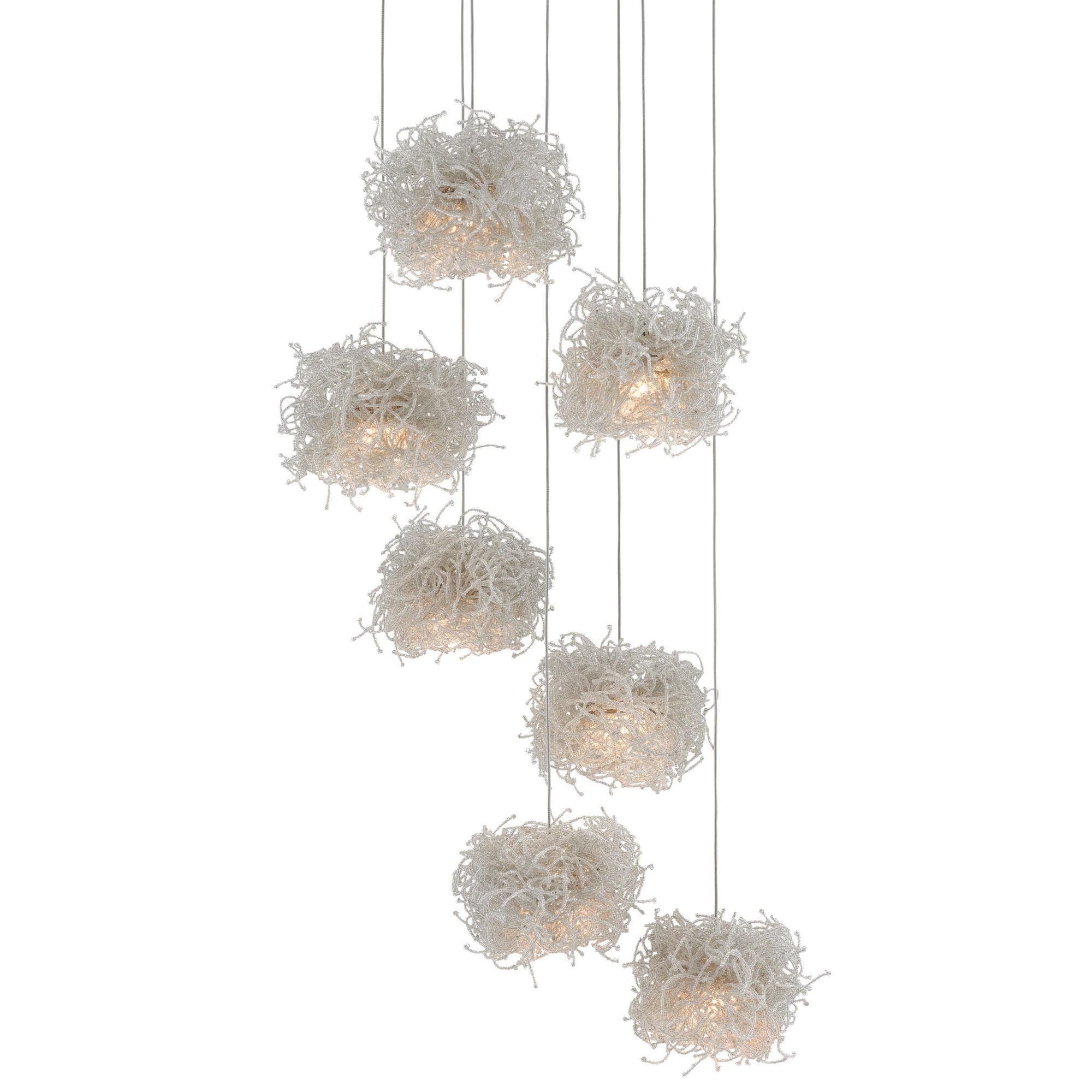 Birds Nest 7-Light Round Multi-Drop Pendant - Painted Silver/Clear