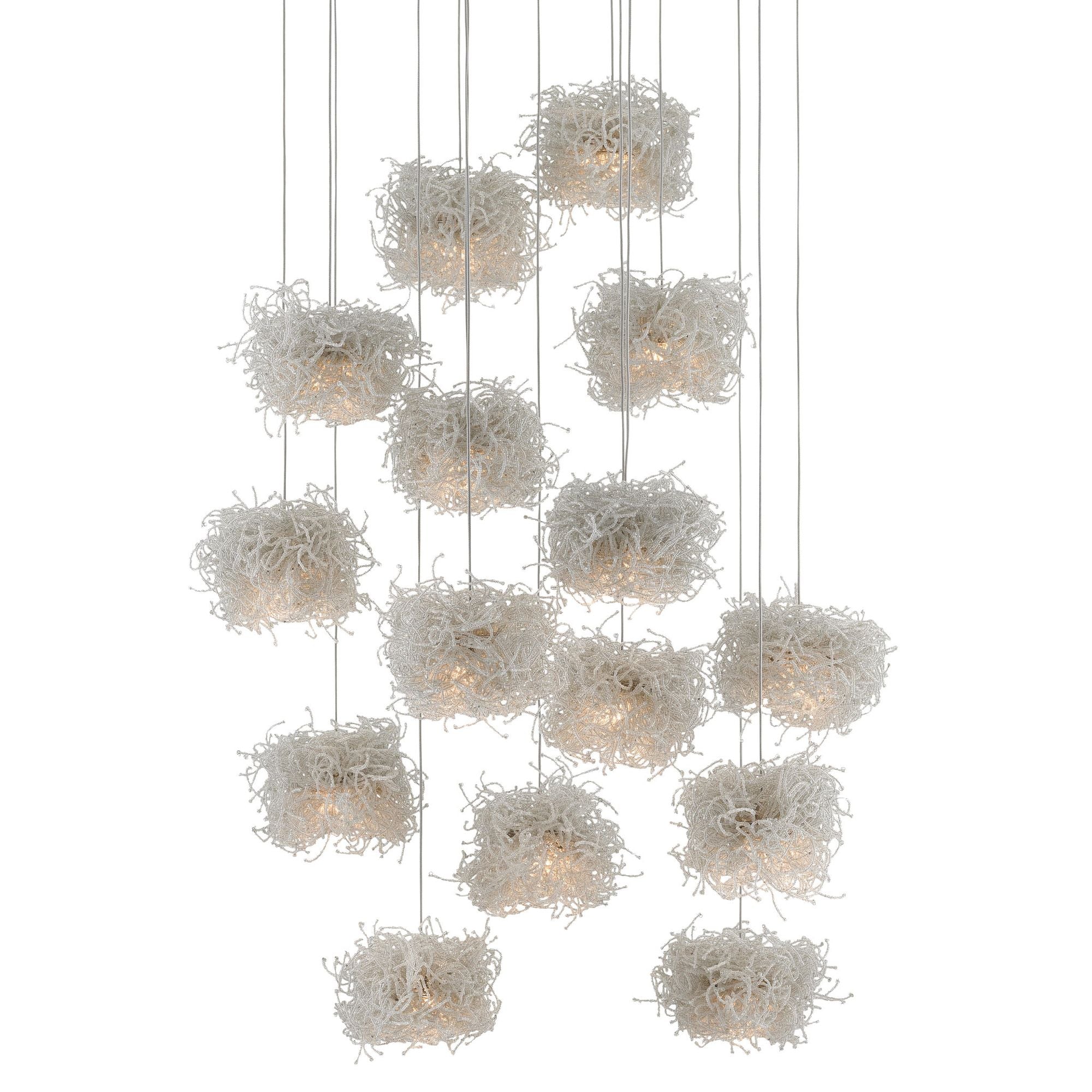 Birds Nest 15-Light Round Multi-Drop Pendant - Painted Silver/Clear