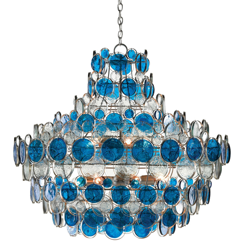 Galahad Large Blue Recycled Glass Chandelier - Contemporary Silver Leaf/Painted Silver/Blue
