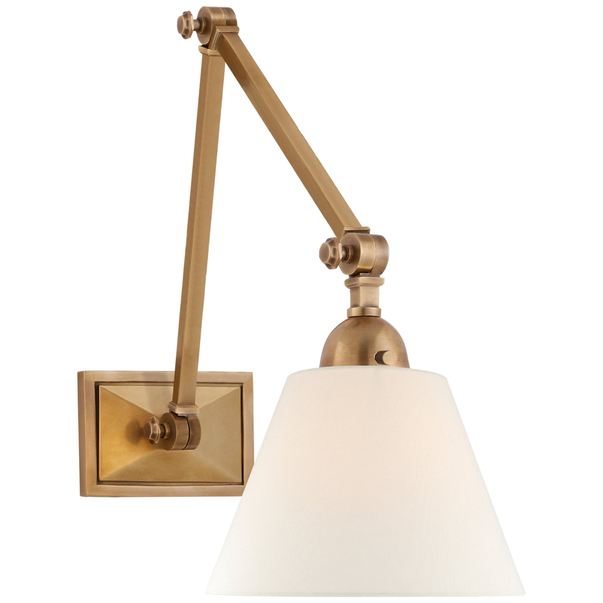 Alexa Hampton Jane Double Library Wall Light in Hand-Rubbed Antique Brass with Linen Shade