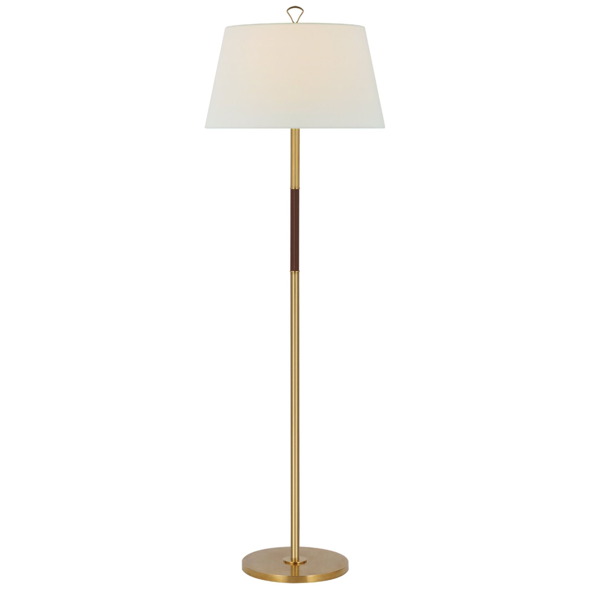 Amber Lewis Griffin Large Floor Lamp in Hand-Rubbed Antique Brass and Saddle Leather with Linen Shade W19.5" x H62.5"