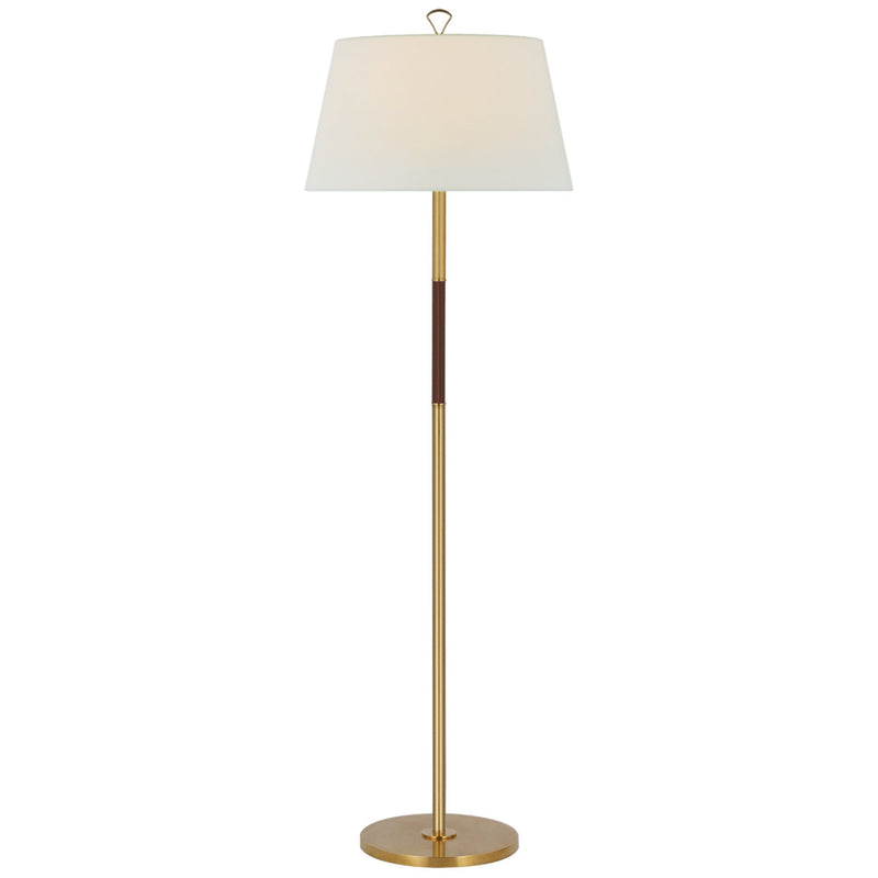 Amber Lewis Griffin Large Floor Lamp in Hand-Rubbed Antique Brass and Saddle Leather with Linen Shade