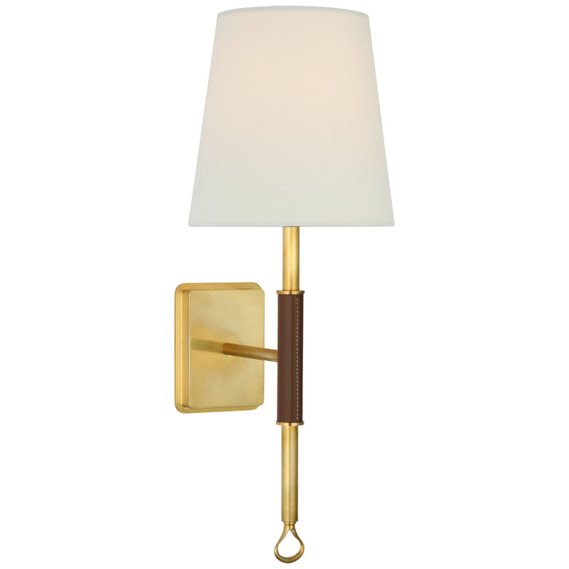 Amber Lewis Griffin Sconce in Hand-Rubbed Antique Brass and Saddle Leather with Linen Shade