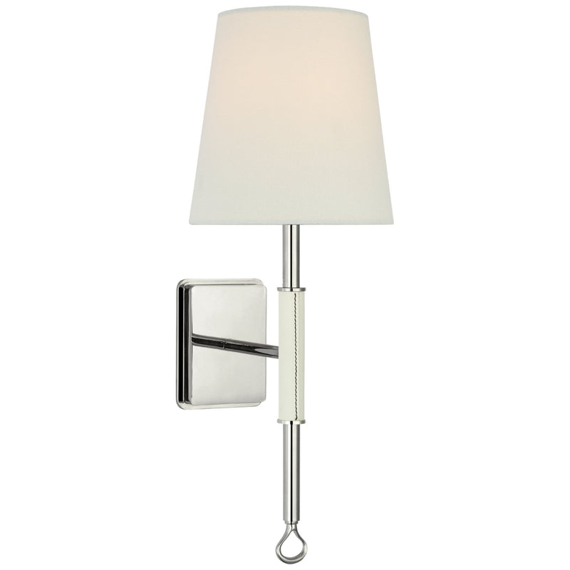 Amber Lewis Griffin Sconce in Polished Nickel and Parchment Leather with Linen Shade