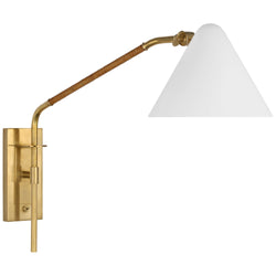 Amber Lewis Laken Medium Articulating Wall Light in Hand-Rubbed Antique Brass and Natural Rattan with White Shade