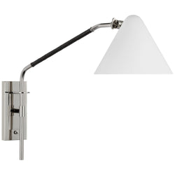 Amber Lewis Laken Medium Articulating Wall Light in Polished Nickel and Black Rattan with White Shade
