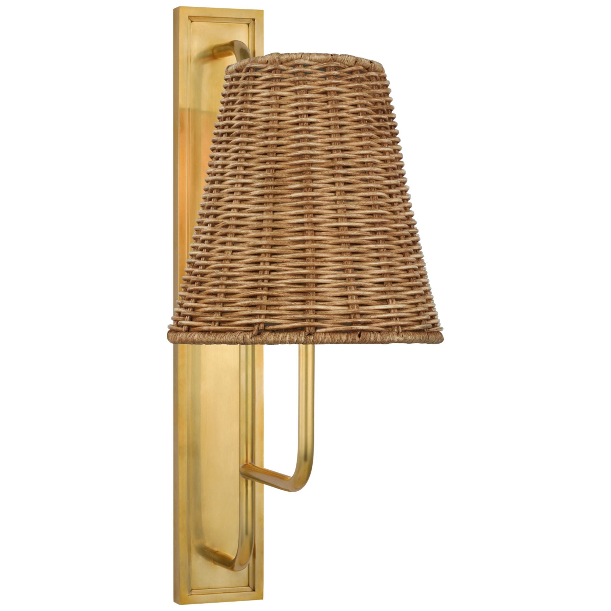 Amber Lewis Rui Tall Sconce in Hand-Rubbed Antique Brass with Natural Wicker Shade Wall Light W8" x H20"