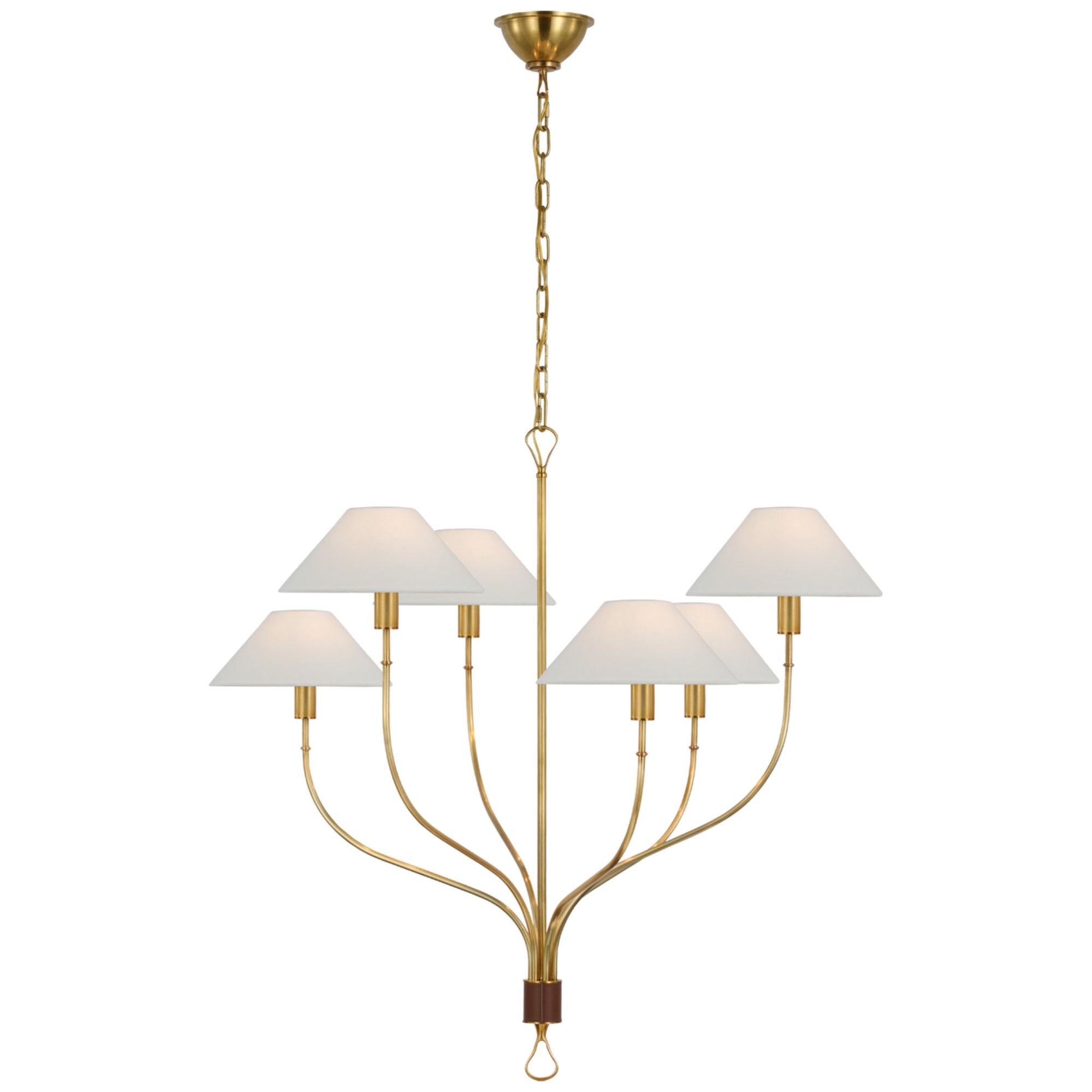 Amber Lewis Griffin Large Staggered Tail Chandelier in Hand-Rubbed Antique Brass and Saddle Leather with Linen Shades Ceiling Light W36.5" x H35.5"