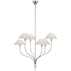 Amber Lewis Griffin Large Staggered Tail Chandelier in Polished Nickel and Parchment Leather with Linen Shades