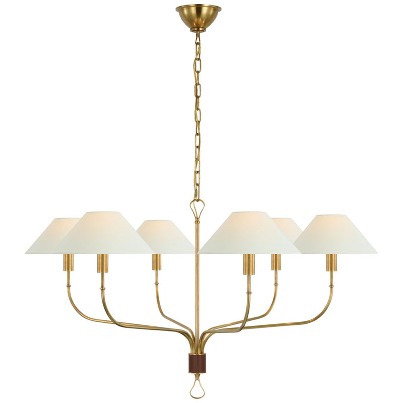 Amber Lewis Griffin Extra Large Tail Chandelier in Hand-Rubbed Antique Brass and Saddle Leather with Linen Shades