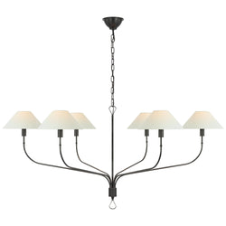 Amber Lewis Griffin Grande Tail Chandelier in Bronze and Chocolate Leather with Linen Shades
