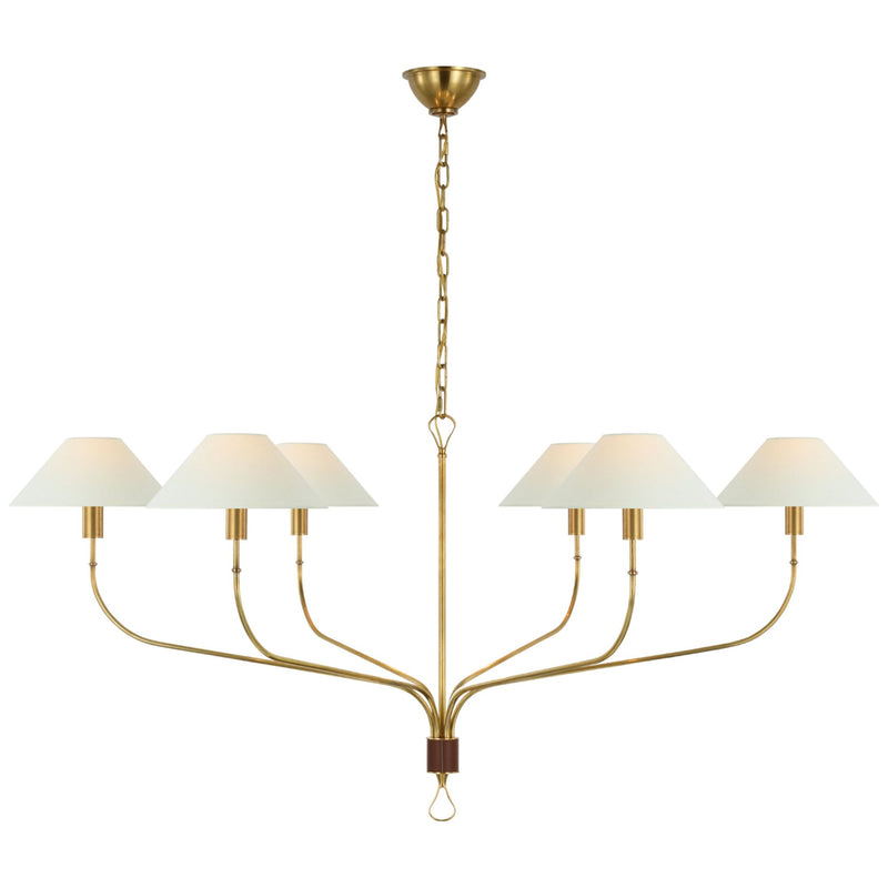 Amber Lewis Griffin Grande Tail Chandelier in Hand-Rubbed Antique Brass and Saddle Leather with Linen Shades