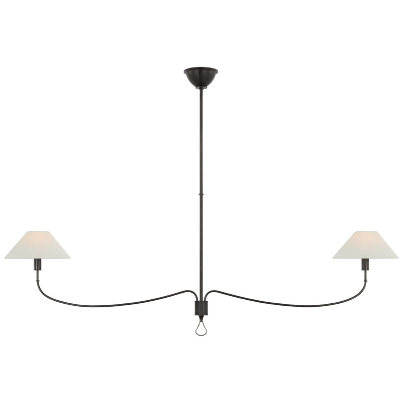 Amber Lewis Griffin Grande Linear Chandelier in Bronze and Chocolate Leather with Linen Shades