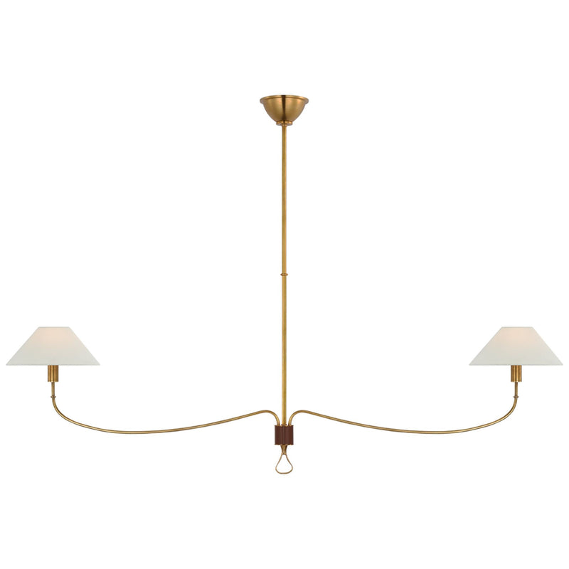 Amber Lewis Griffin Grande Linear Chandelier in Hand-Rubbed Antique Brass and Saddle Leather with Linen Shades