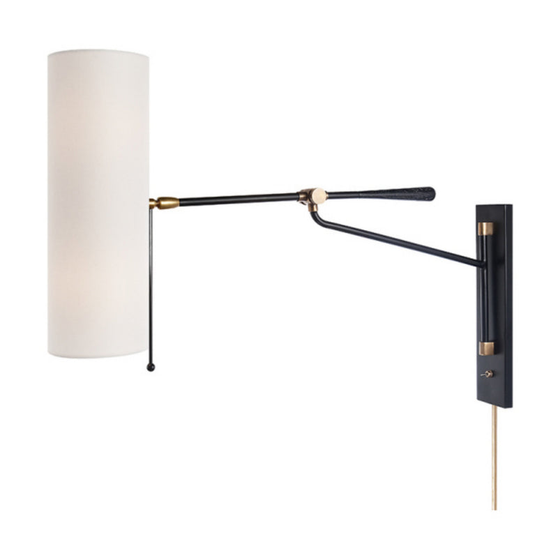 AERIN Frankfort Articulating Wall Light in Black and Hand-Rubbed Antique Brass Accents with Linen Shade