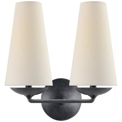 AERIN Fontaine Double Sconce in Aged Iron with Linen Shades