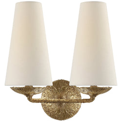 AERIN Fontaine Double Sconce in Gilded Plaster with Linen Shades