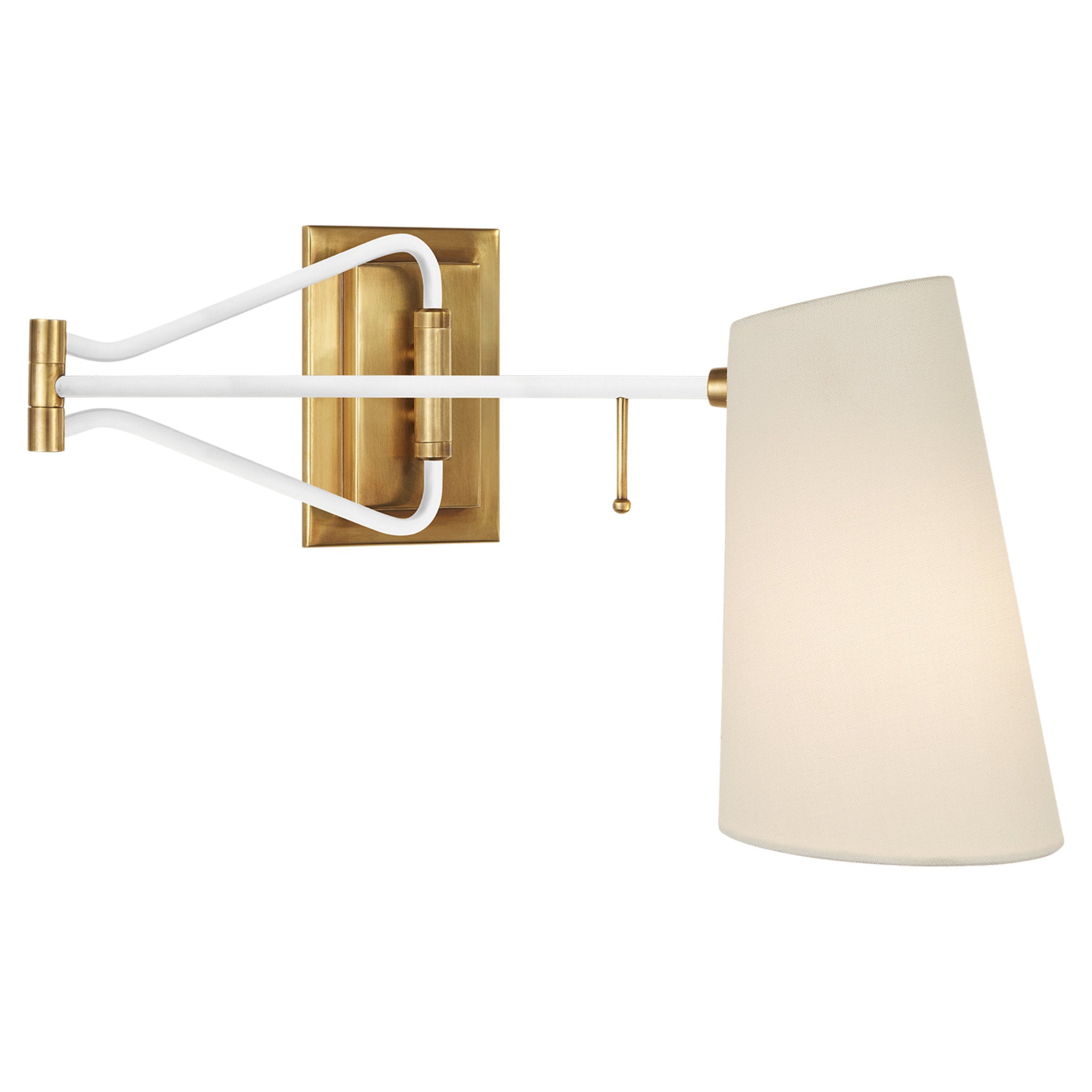 AERIN Keil Swing Arm Wall Light in Hand-Rubbed Antique Brass and White with Linen Shade