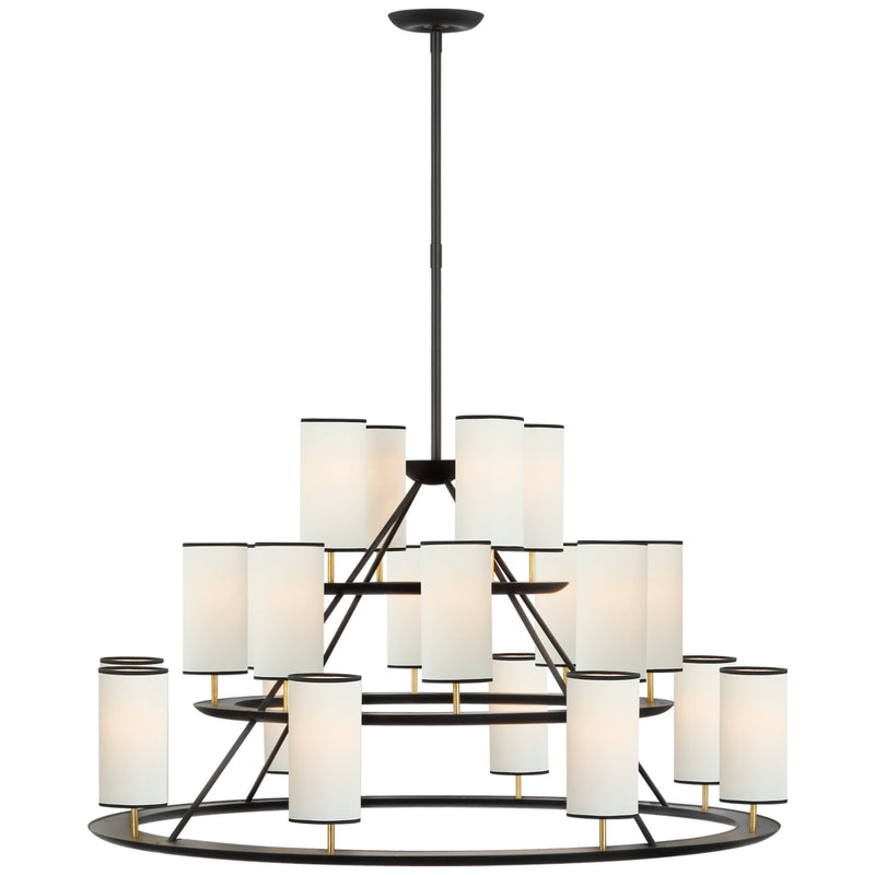 AERIN Trevi XL 3-Tier Chandelier in Matte Black and Gild with Linen Shades with Black Tape