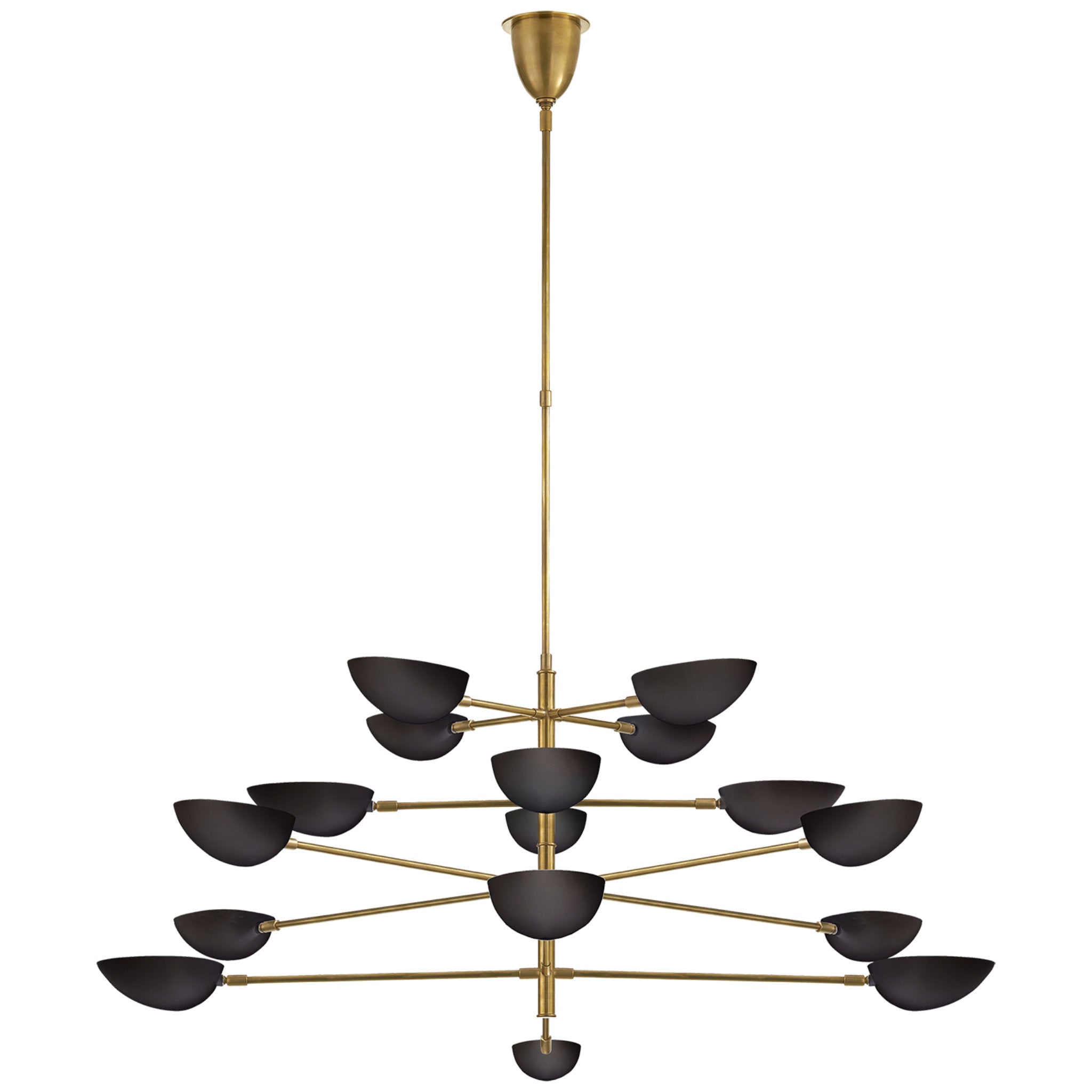 AERIN Graphic Grande Four-Tier Chandelier in Hand-Rubbed Antique Brass with Black Shades