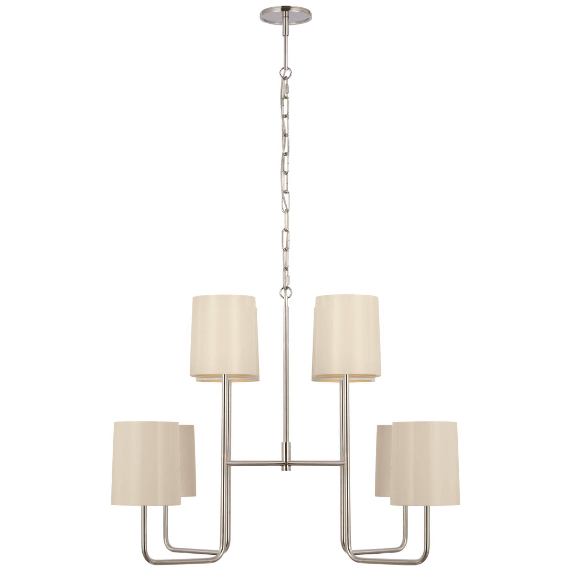 Barbara Barry Go Lightly Extra Large Two Tier Chandelier in Polished Nickel with China White Shades