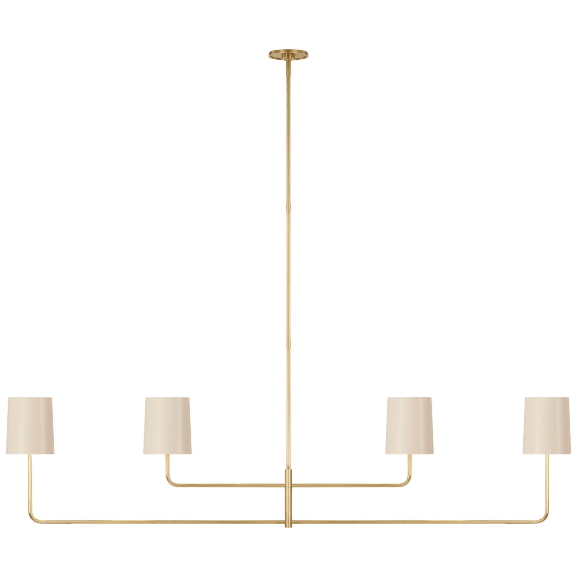 Barbara Barry Go Lightly 70" Four Light Linear Chandelier in Soft Brass with China White Shades Ceiling Light W70"