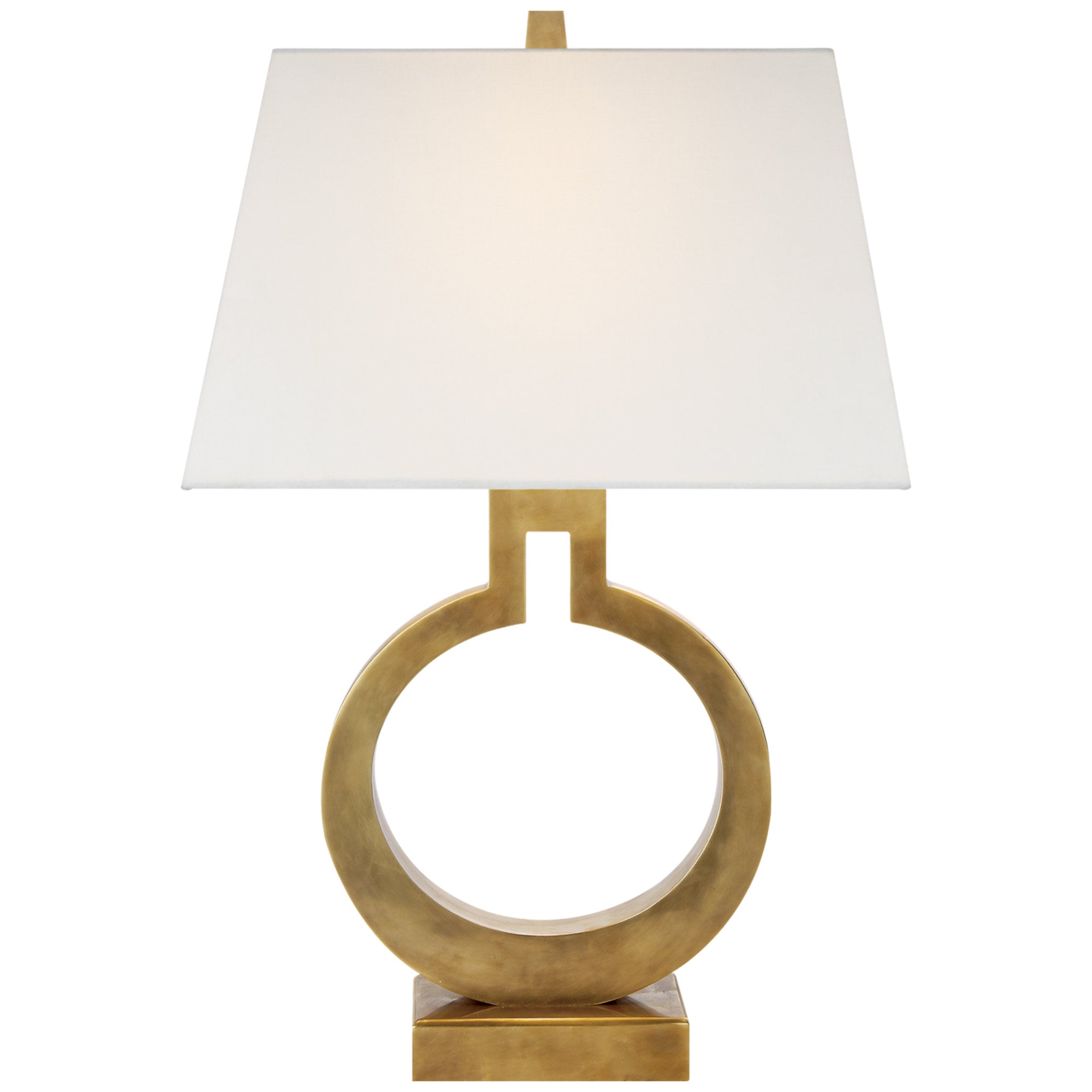 Chapman & Myers Ring Form Small Table Lamp in Antique-Burnished Brass with Linen Shade