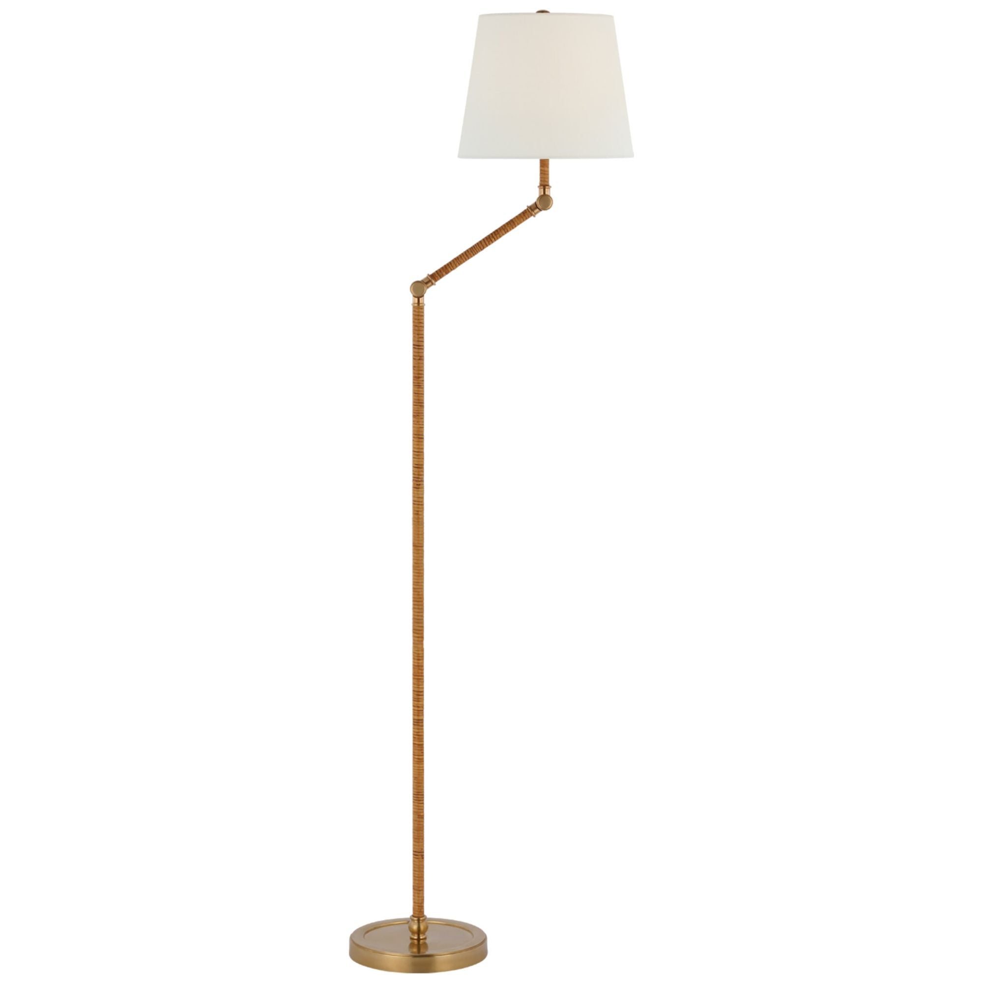 Chapman & Myers Basden Bridge Arm Floor Lamp in Antique-Burnished Brass and Natural Rattan with Linen Shade