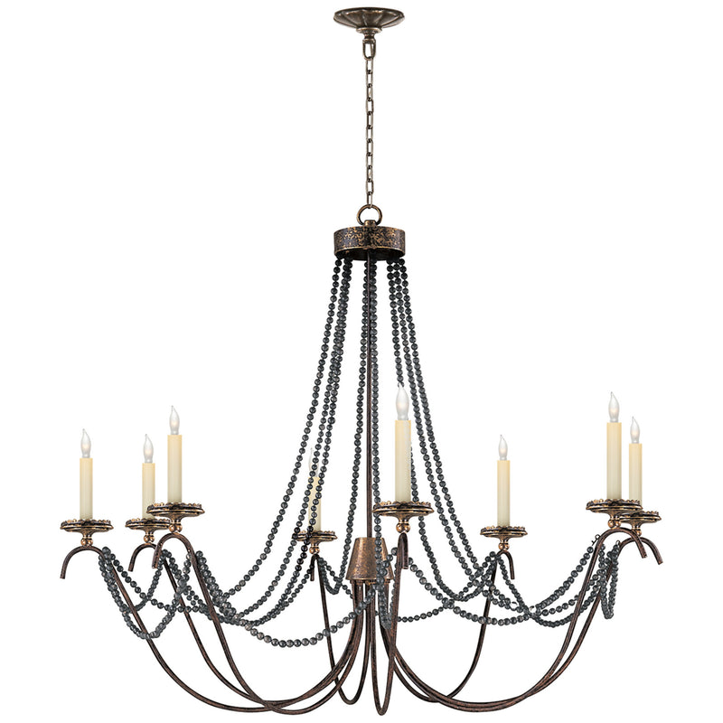 Chapman & Myers Marigot Large Chandelier in Rust and Antique-Burnished Brass with Tudor Brown Beaded Trim