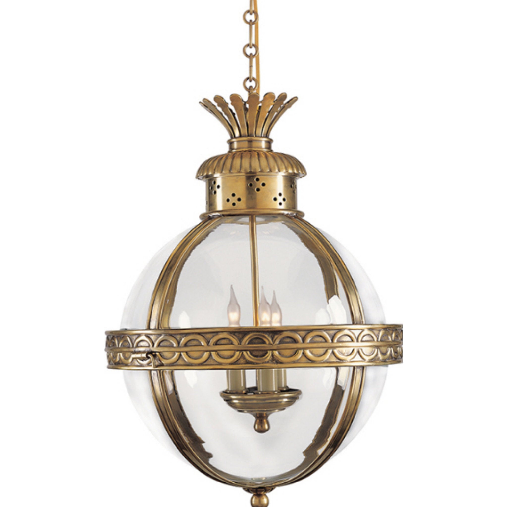 Chapman & Myers Crown Top Banded Globe Lantern in Antique-Burnished Brass with Clear Glass