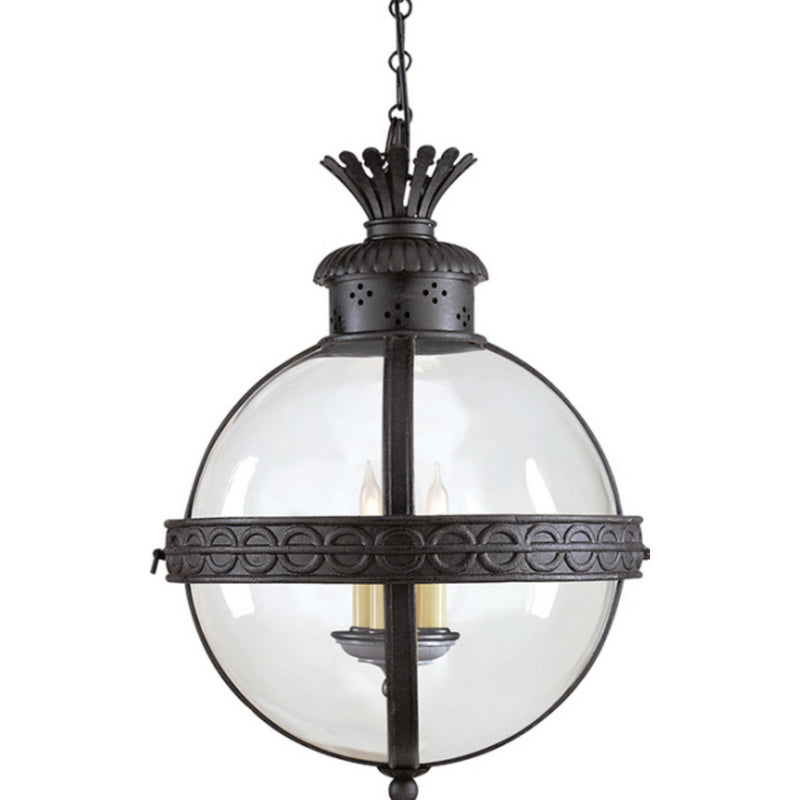 Chapman & Myers Crown Top Banded Globe Lantern in Blackened Rust with Clear Glass