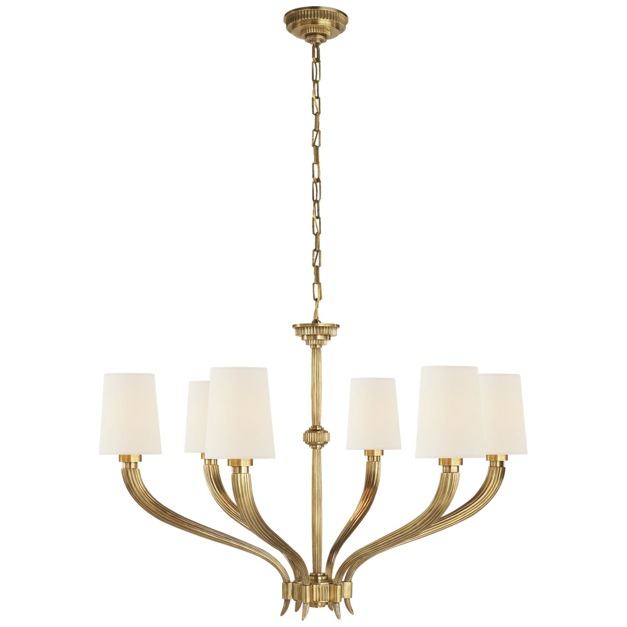 Chapman & Myers Ruhlmann Large Chandelier in Antique-Burnished Brass with Linen Shades Ceiling Light W35.25" x H24.25"