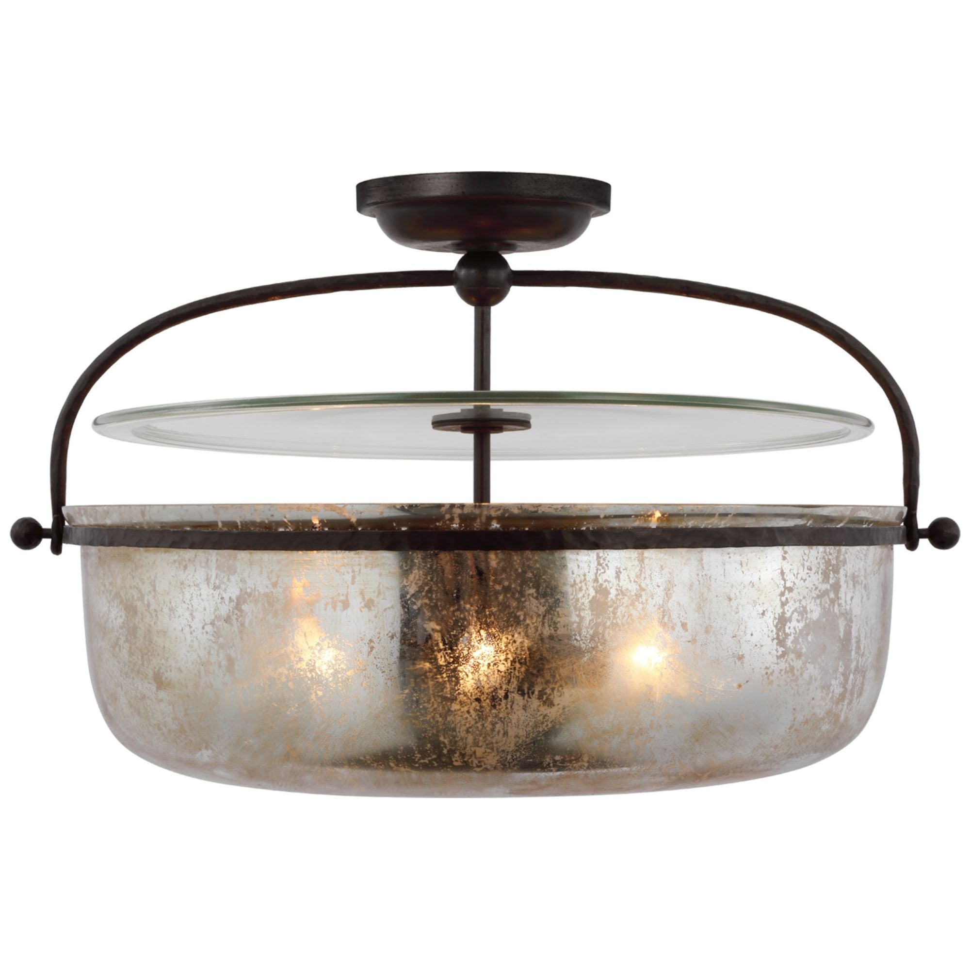 Chapman & Myers Lorford Large Semi Flush Lantern in Aged Iron with Antique Mercury Glass Ceiling Light W28" x H17.5"