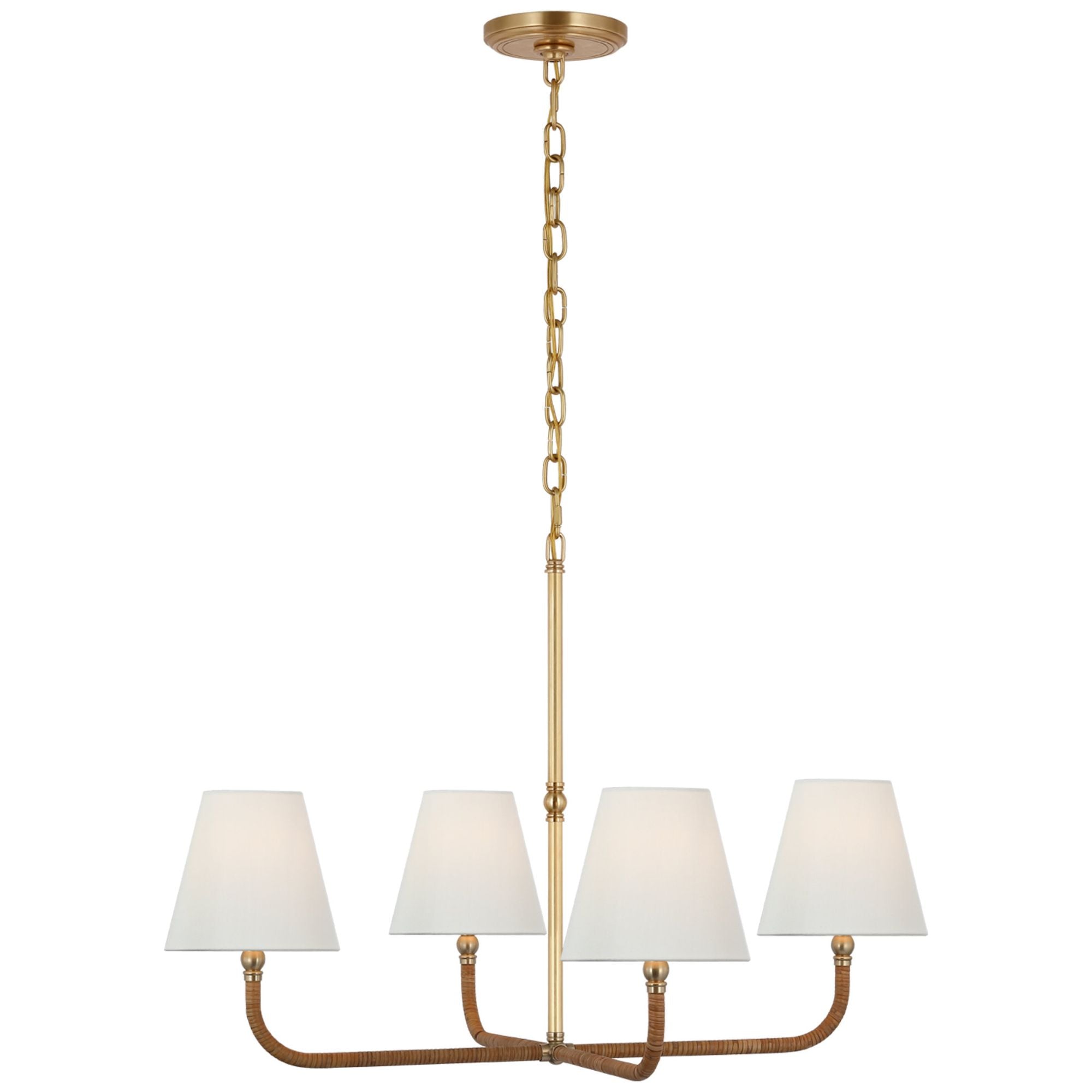 Chapman & Myers Basden Medium Single Tier Chandelier in Antique-Burnished Brass and Natural Rattan with Linen Shades Ceiling Light W32" x H22"