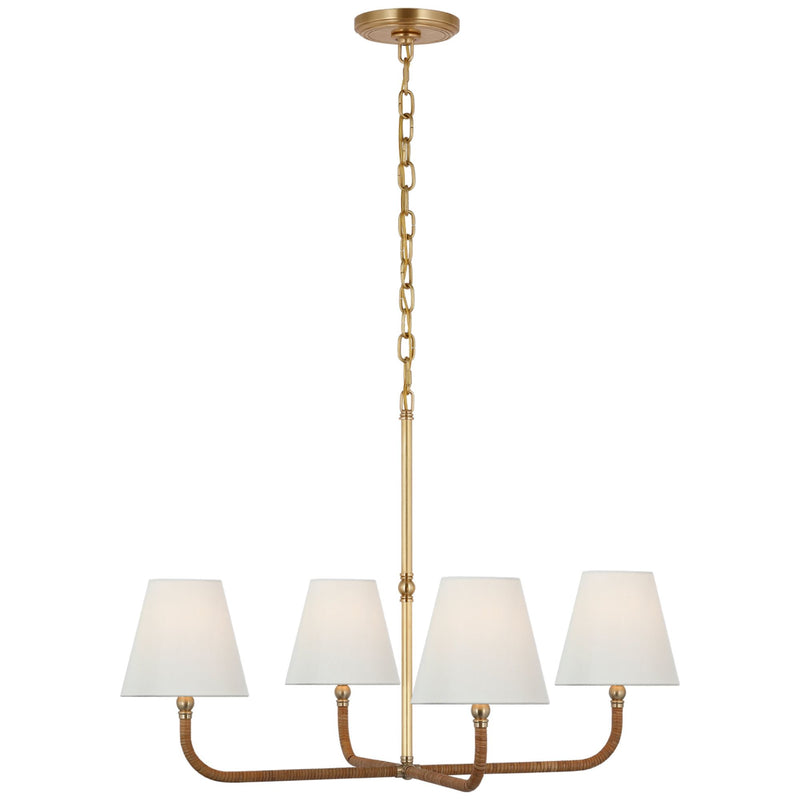 Chapman & Myers Basden Medium Single Tier Chandelier in Antique-Burnished Brass and Natural Rattan with Linen Shades