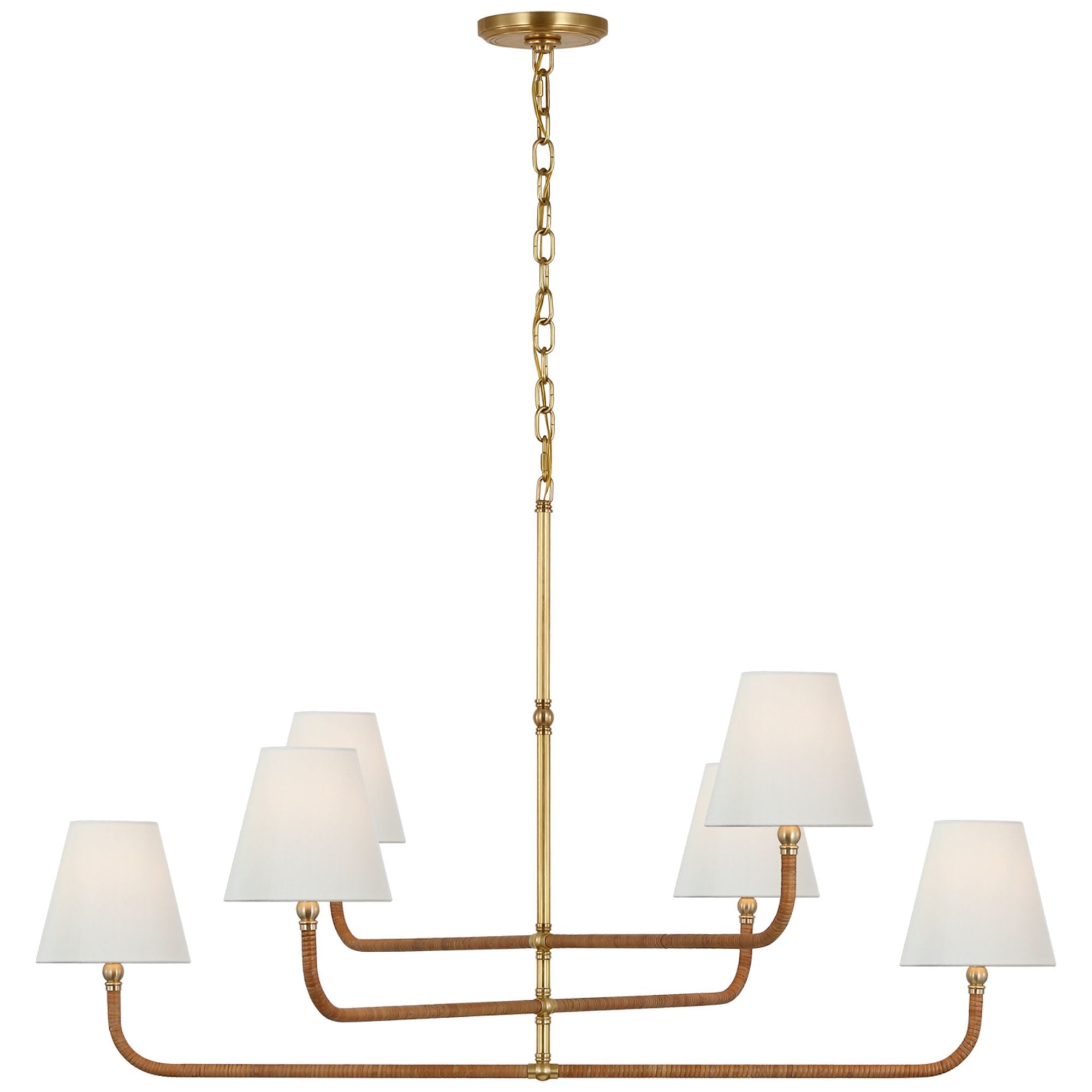 Chapman & Myers Basden Extra Large Three Tier Chandelier in Antique-Burnished Brass and Natural Rattan with Linen Shades Ceiling Light W46" x H28"