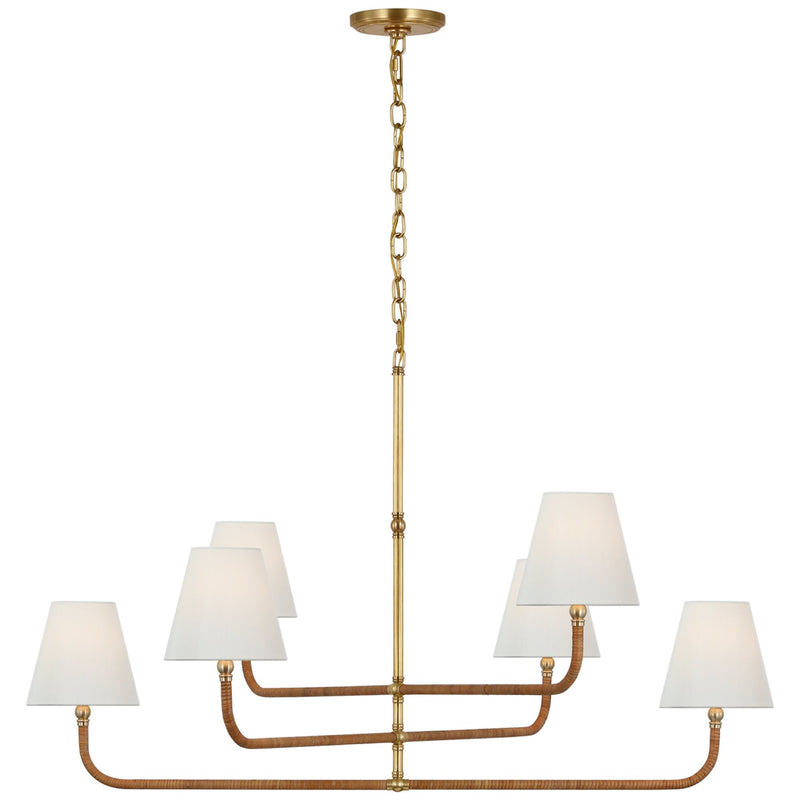 Chapman & Myers Basden Extra Large Three Tier Chandelier in Antique-Burnished Brass and Natural Rattan with Linen Shades