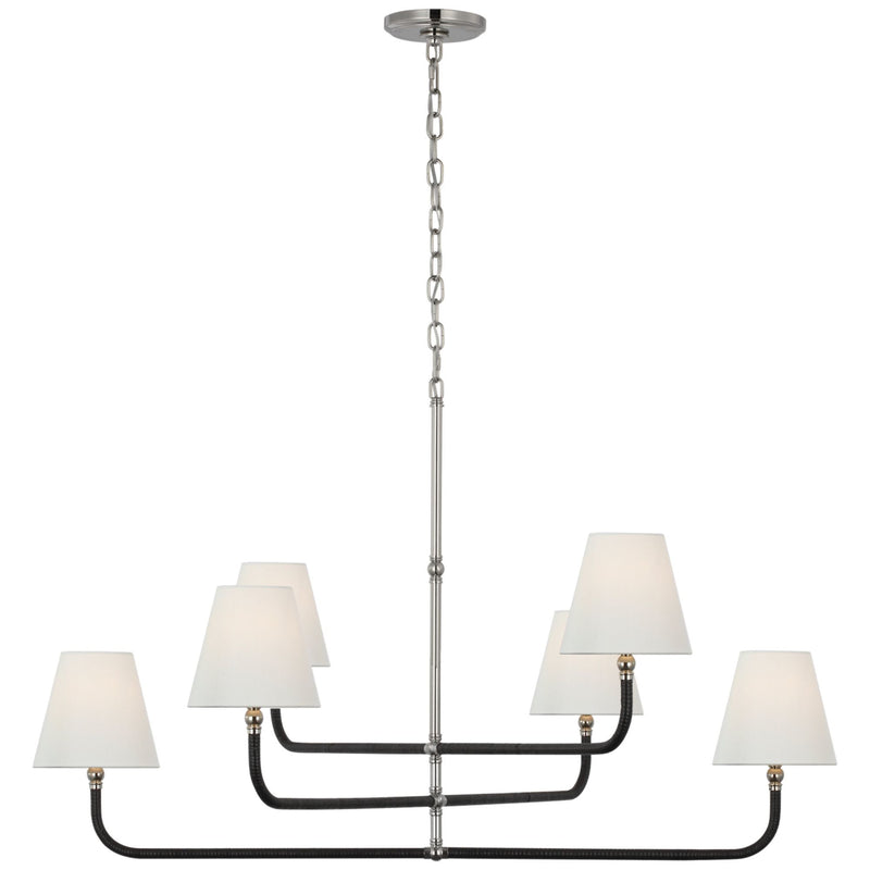 Chapman & Myers Basden Extra Large Three Tier Chandelier in Polished Nickel and Black Rattan with Linen Shades