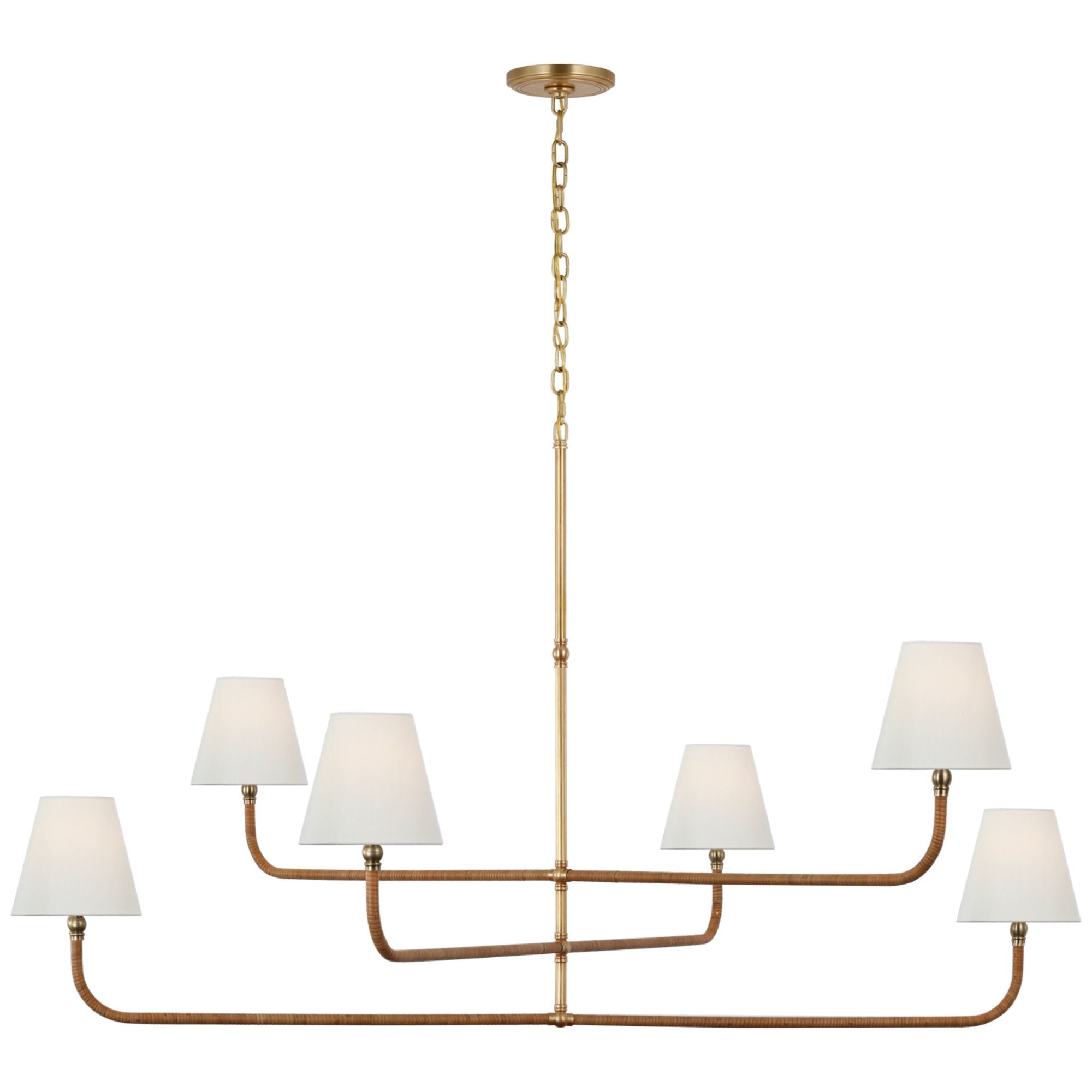 Chapman & Myers Basden Grande Three Tier Chandelier in Antique-Burnished Brass and Natural Rattan with Linen Shades Ceiling Light W60" x H34"