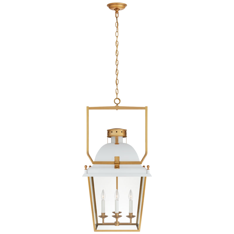 Chapman & Myers Coventry Medium Lantern in Matte White and Antique-Burnished Brass with Clear Glass