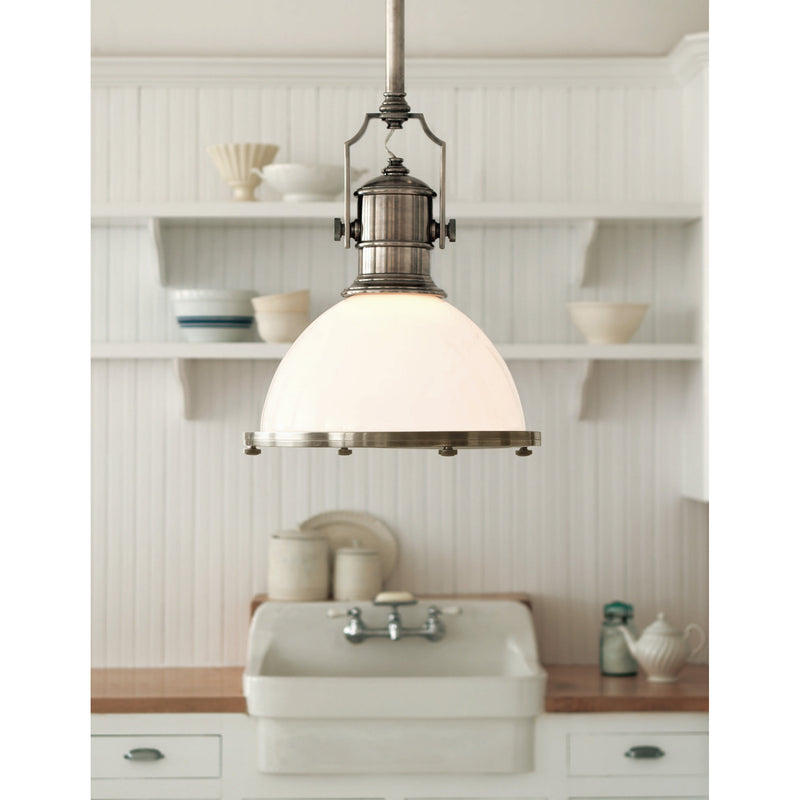 Chapman & Myers Country Industrial Large Pendant in Antique Nickel with White Glass Shade