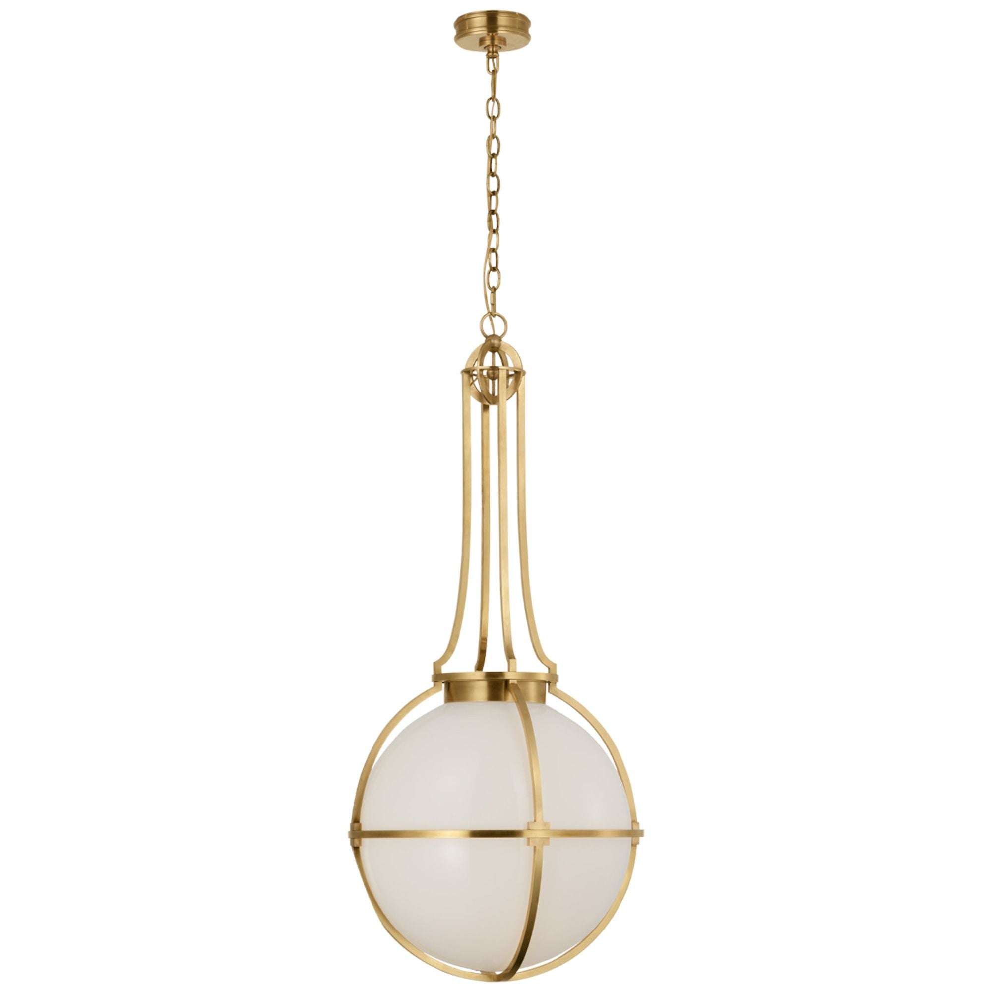 Chapman & Myers Gracie Large Captured Globe Pendant in Antique-Burnished Brass with White Glass Ceiling Light W19.25" x H44"